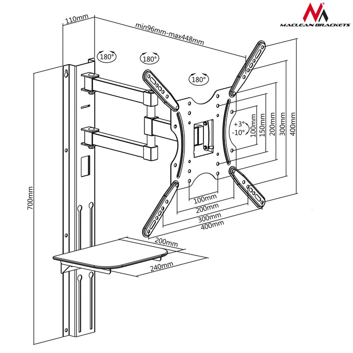 Maclean MC-772 TV Wall Bracket Holder Mount Shelf  DVD Xbox PS4 PS5 LCD LED 32 "- 55 "