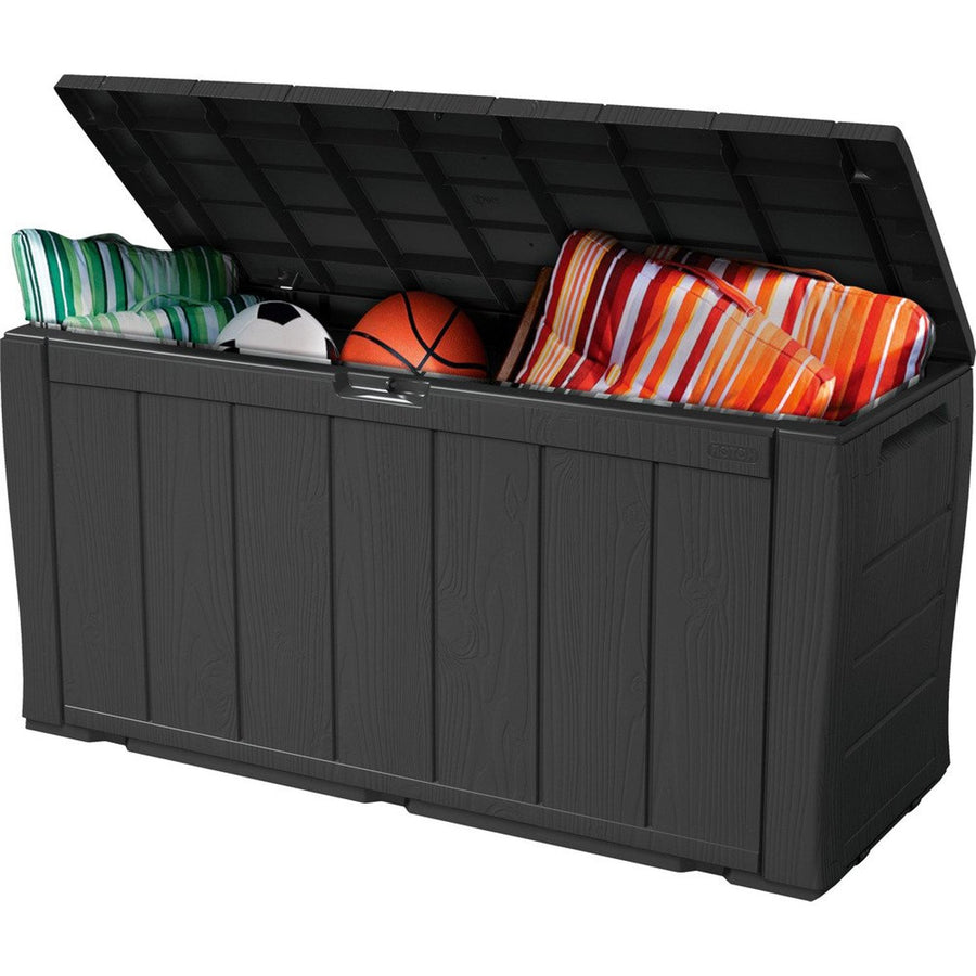 Keter Sherwood 270L Storage Deck Box Chest Graphite Weatherproof Garden Patio Balcony