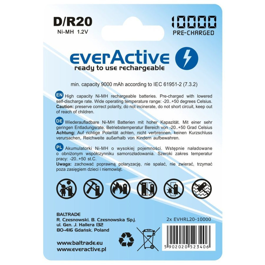 2x R20 D 10000mAh Rechargeables everActive Professional