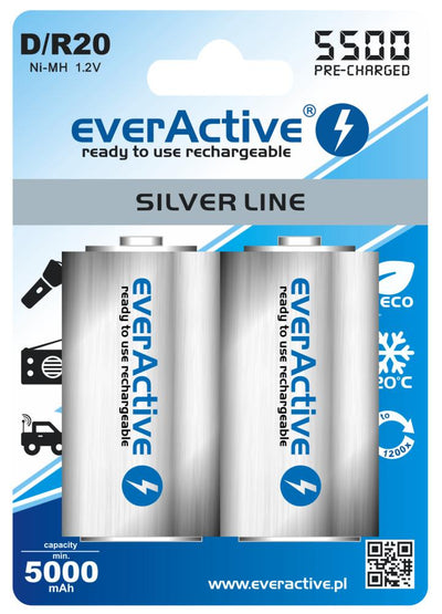 2 Piece battery (1 Blister) - R20 D 5500mAh everActive rechargeable Silver Line