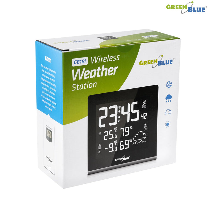 Stáisiún Aimsire Gan Sreang GreenBlue GB151 DCF LCD VA Hygrometer Teocht Amuigh Faoi Dhíon Braiteoir