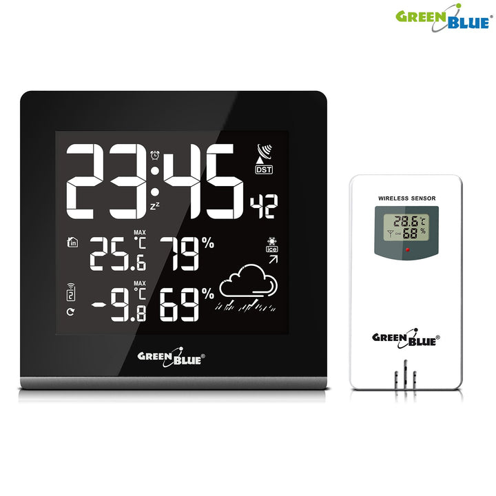 Stáisiún Aimsire Gan Sreang GreenBlue GB151 DCF LCD VA Hygrometer Teocht Amuigh Faoi Dhíon Braiteoir