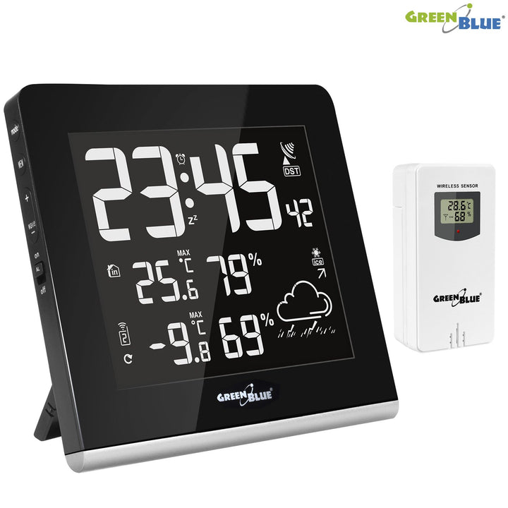 Stáisiún Aimsire Gan Sreang GreenBlue GB151 DCF LCD VA Hygrometer Teocht Amuigh Faoi Dhíon Braiteoir