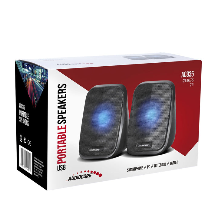 Cainteoirí Steirió Audiocore AC835 2.0 le Cúlsoilsiú LED Do ríomhaire glúine Smartphone 2x3W RMS USB AUX Mini Jack Dlúth Dubh