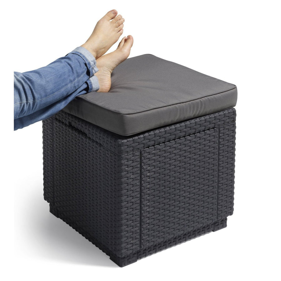 Keter Allibert Garden Cube Seat and Storage Box with Cushion, Polyrattan Structure, Grey