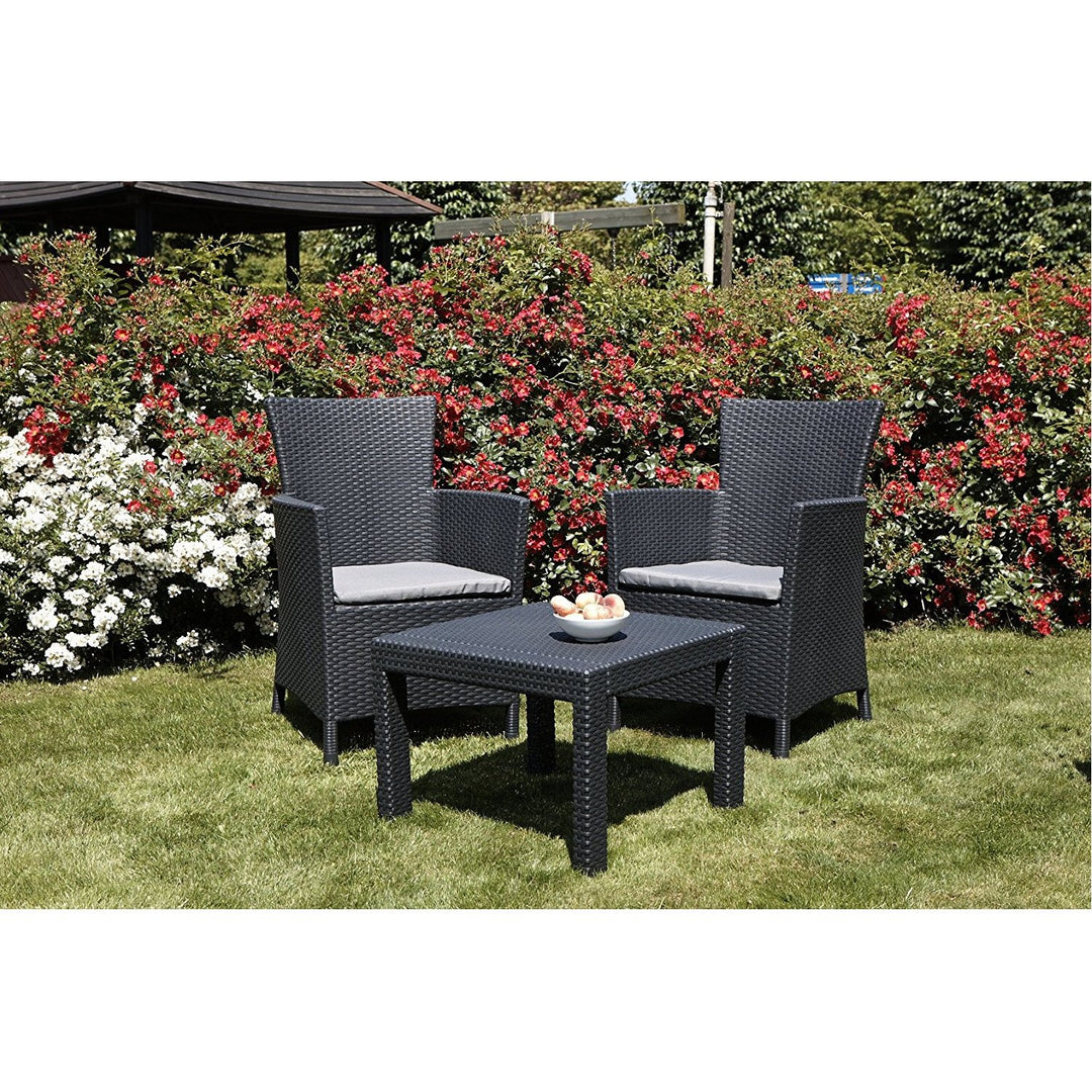 Outdoor Furniture Set Keter Rosario Grey Graphite 2 Armchairs & Table Rattan Style Balcony Garden Patio