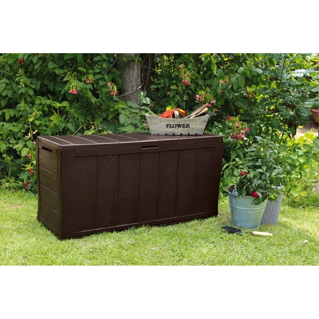 Keter Sherwood 270L Bosca Stórála Gairdín Donn Deic Cliabh Sturdy Weatherproof In Lockable