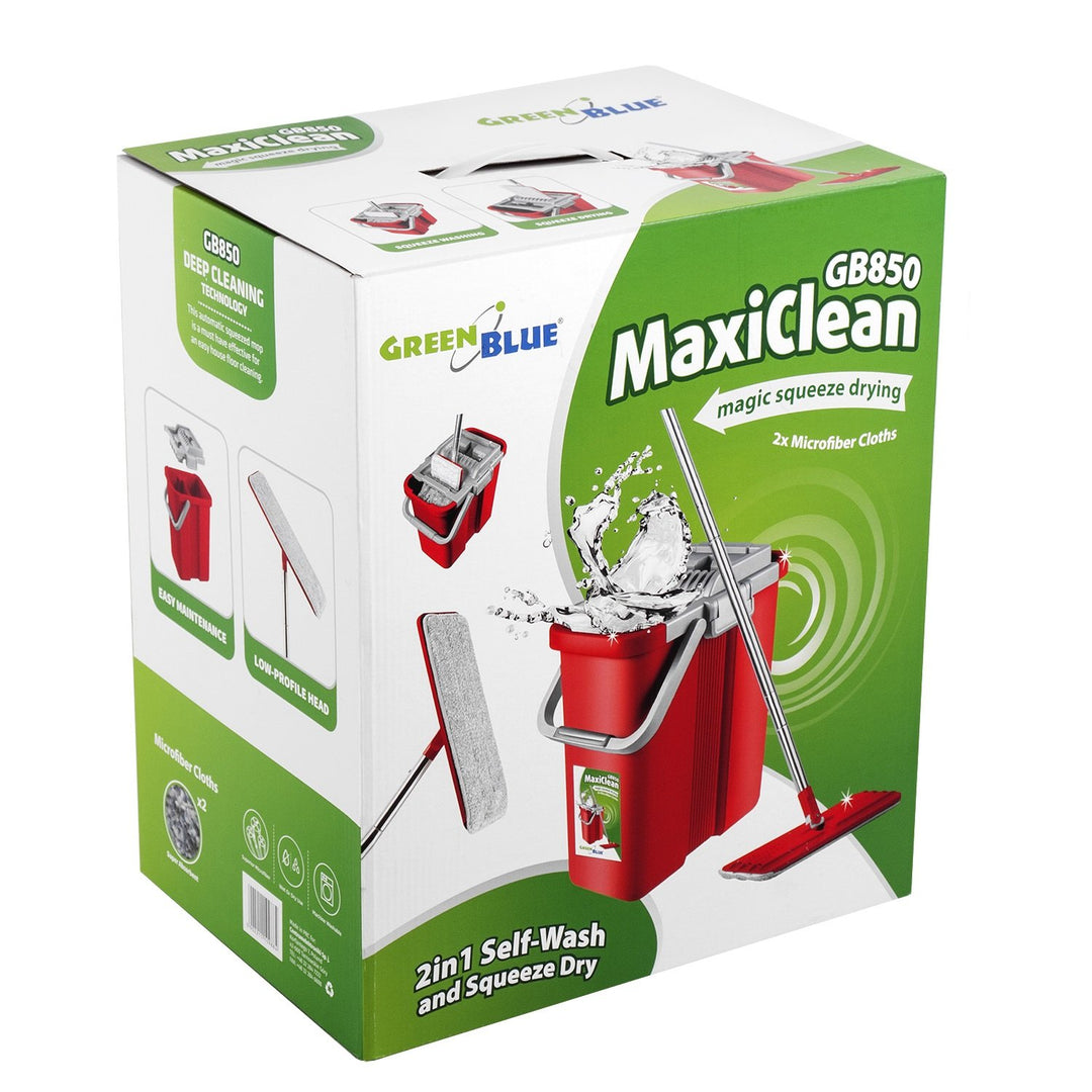 GreenBlue GB850 Maxiclean Flat Mop + Buicéad Set, le Squeezer agus Dhá Phíosa Ceanncheathrú Pad Microfiber