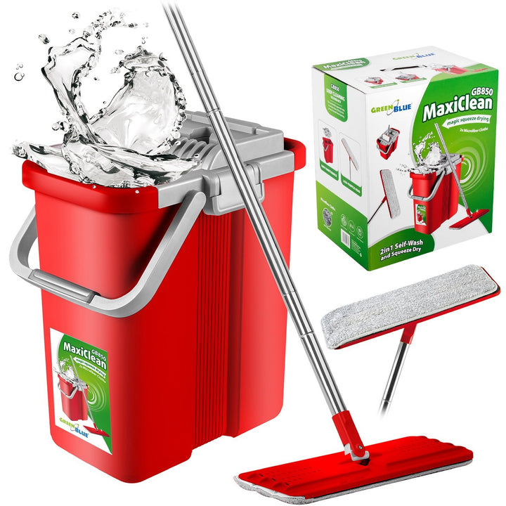 GreenBlue GB850 Maxiclean Flat Mop + Buicéad Set, le Squeezer agus Dhá Phíosa Ceanncheathrú Pad Microfiber