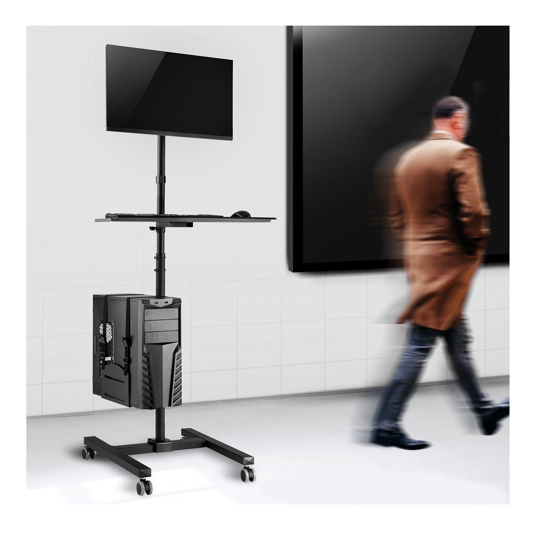 Maclean MC-793 Standing Computer Work Station Trolley Monitor TV Holder Keyboard Tray CPU Holder Castors