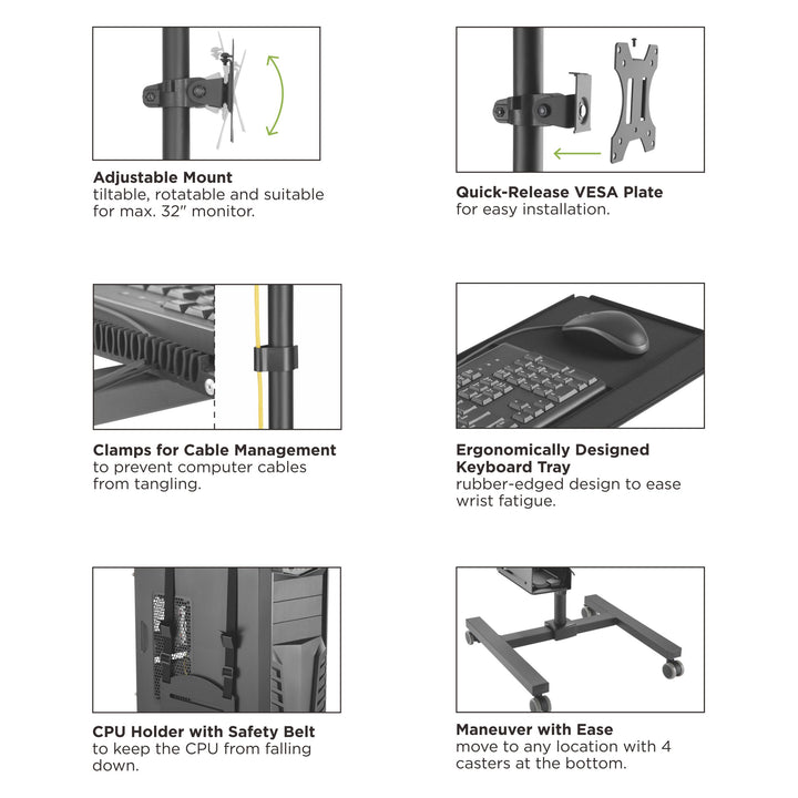 Maclean MC-793 Standing Computer Work Station Trolley Monitor TV Holder Keyboard Tray CPU Holder Castors