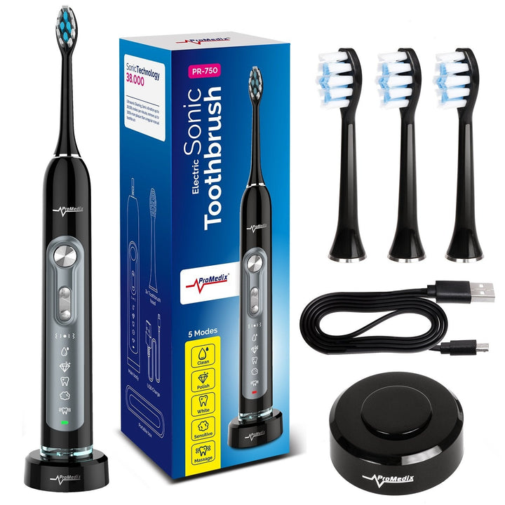 Promedix PR-750 B Electric Sonic Toothbrush  IPX7 Black, Travel Case, 5 Operation Modes, Timer, 3 Power Levels, 3 Exchangable Heads