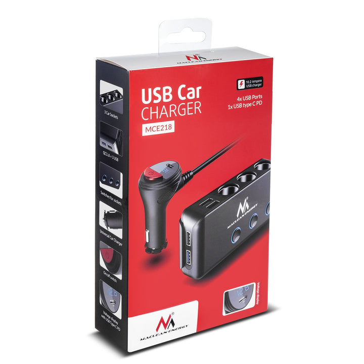 Maclean MCE218 USB Car Charger - 3 Car Sockets 1xQuick Charge 3.0, 3xUSB 6.8A, 1x Power Delivery 18W, Max 120W