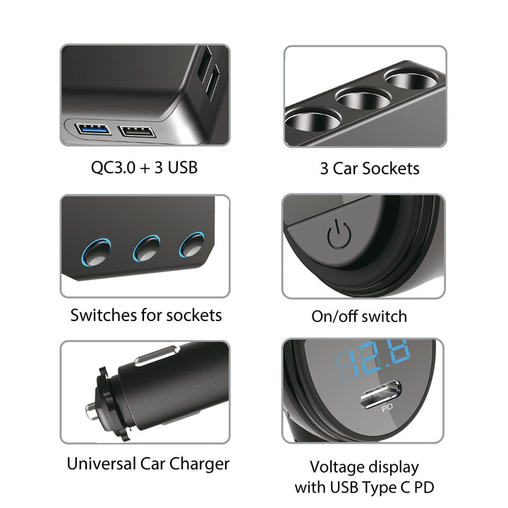 Maclean MCE218 USB Car Charger - 3 Car Sockets 1xQuick Charge 3.0, 3xUSB 6.8A, 1x Power Delivery 18W, Max 120W