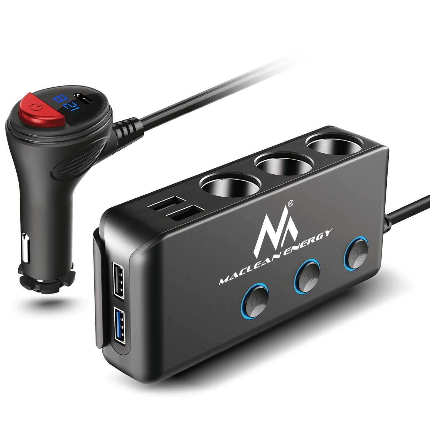 Maclean MCE117 Adaptateur Allume-Cigare Voiture - 3 Prises + 4 Ports USB 4.8A - Avec Voltmètre Et Interrupteur - 3