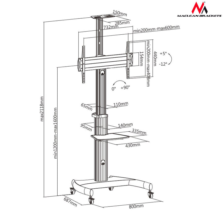 Maclean MC-801 Professional LCD TV LED OLED QLED Plasma TV Stand mounted on the stand max 70 "max. 50 kg max. VESA 600x400 Height adjustable