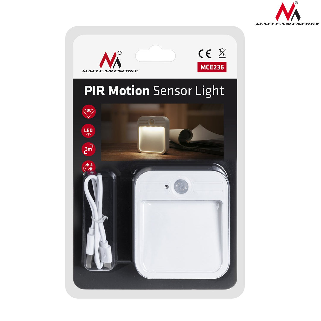 Maclean MCE236 LED Lamp Motion Twilight Sensor Stair Lamp Magnet Hook Range 3-4m Battery 3.7V / 500mAh, 4 LED