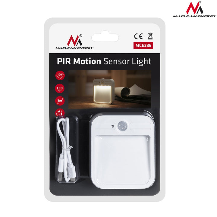 Maclean MCE236 LED Lamp Motion Braiteoir Twilight Stair Lampa Maighnéad Hook Raon 3-4m Battery 3.7V / 500mAh, 4 stiúir