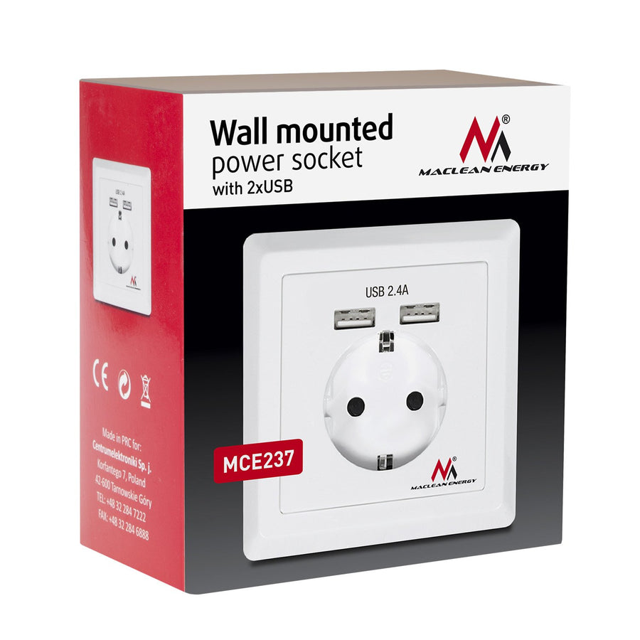 Schuko socket Wall socket with 2x USB charging ports 2.4A 2xUSB charging sockets Schuko safety plug ...