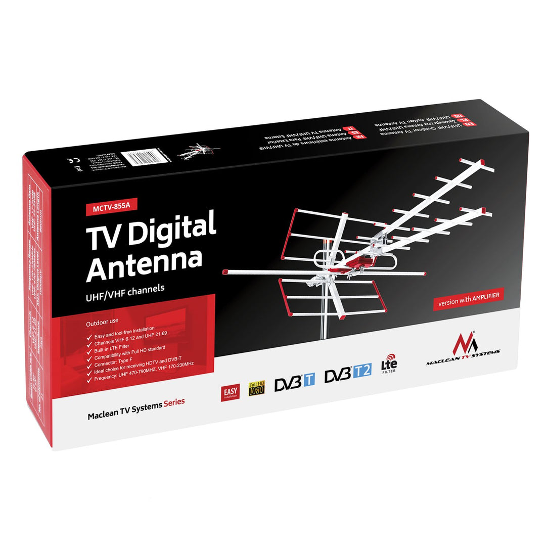 Córais Teilifíse Maclean MCTV-855A TV Digiteach Aeróg Antenna Iomlán HD Allamuigh DVB-T2 HEVC UHF VHF LTE Scagaire 5V