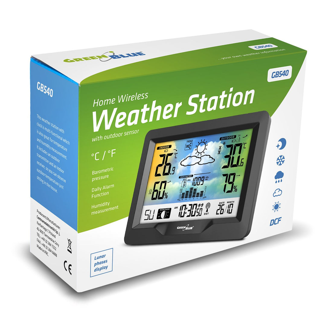 GreenBlue GB540 LCD Wireless Weather Station DCF Large Display Moon Phases Barometer Calendar Modern