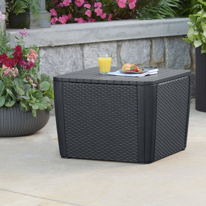 Keter 241664 Outdoor Side Table with Storage Wicker Texture Graphite Grey Sturdy Weatherproof