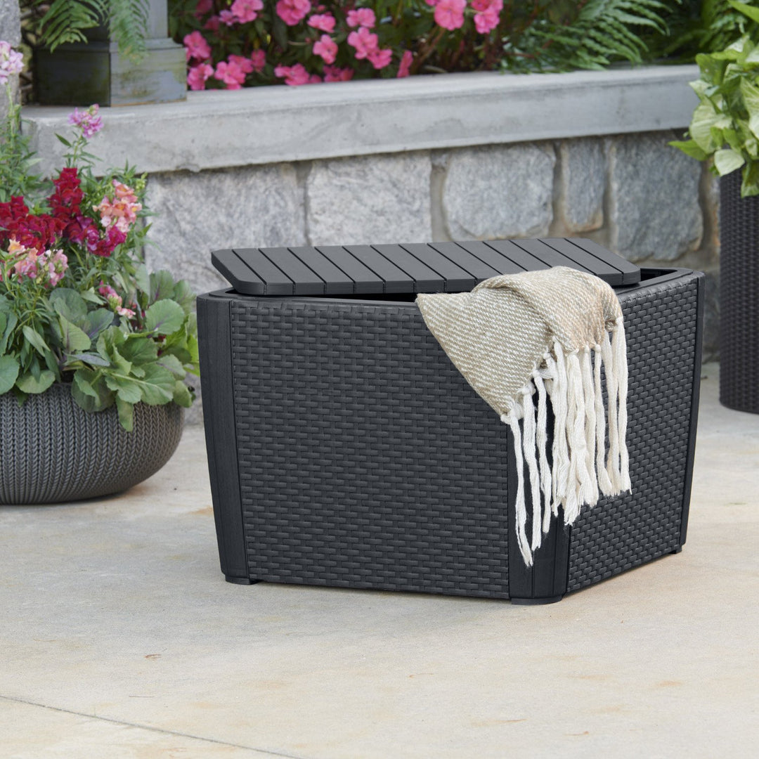 Keter 241664 Outdoor Side Table with Storage Wicker Texture Graphite Grey Sturdy Weatherproof