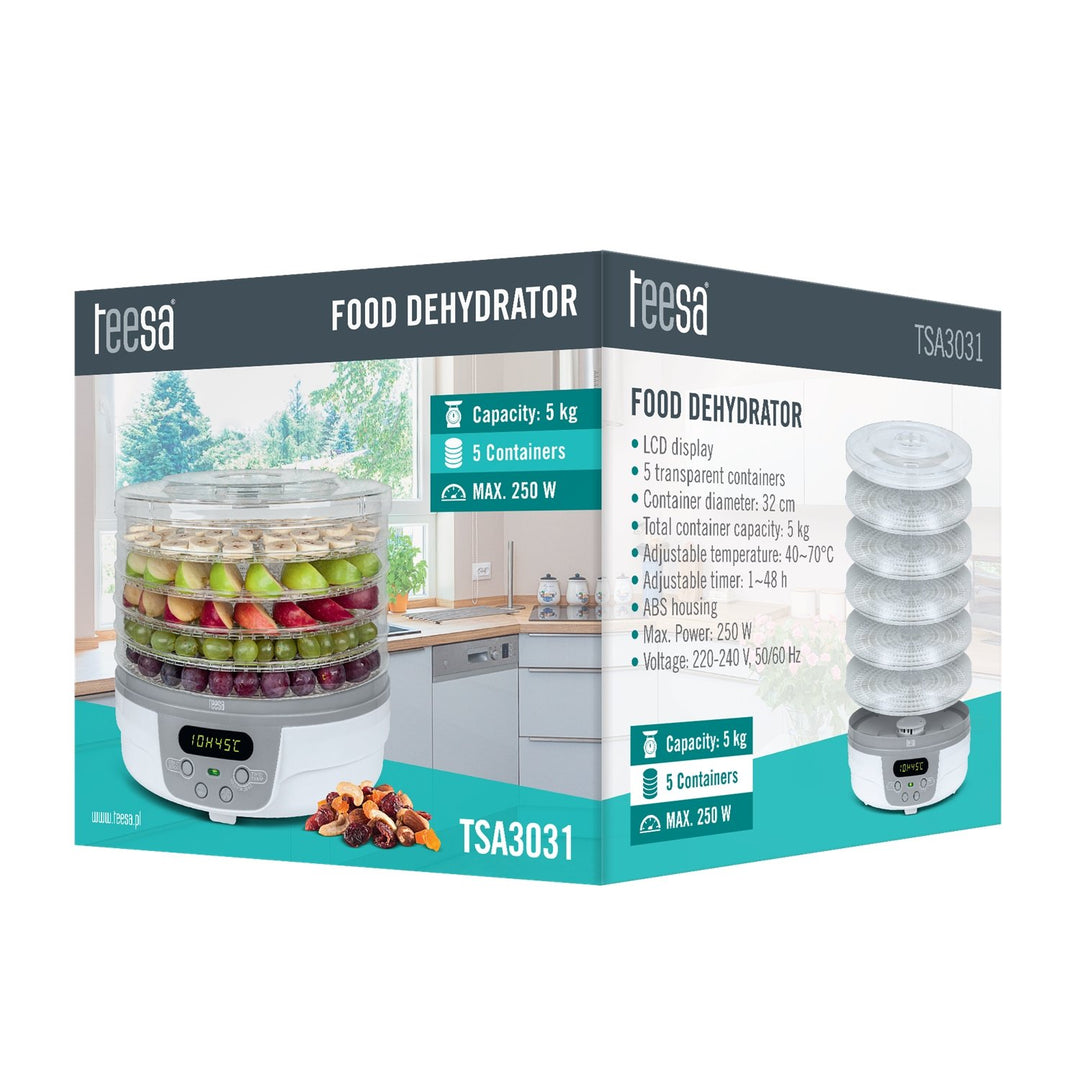 Teesa TSA3031 Leictreach Dehydrator Bia Triomadóir Torthaí Muisiriún 5 Tráidire Uaineadóir Taispeáin LED 250W