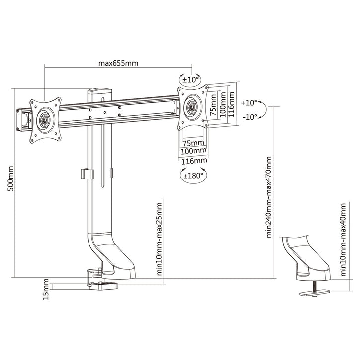 Lúibín Monatóir Maclean MC-854 Gléasta Dúbailte Deisce Do 2 Monatóirí 17" - 27" 14kg VESA LCD LED