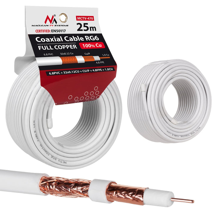 Maclean MCTV-470 RG6 Coaxial Cable 25m 1.02CU + 4.8FPE + CU / P + 32*0.12CU + 6.8PVC