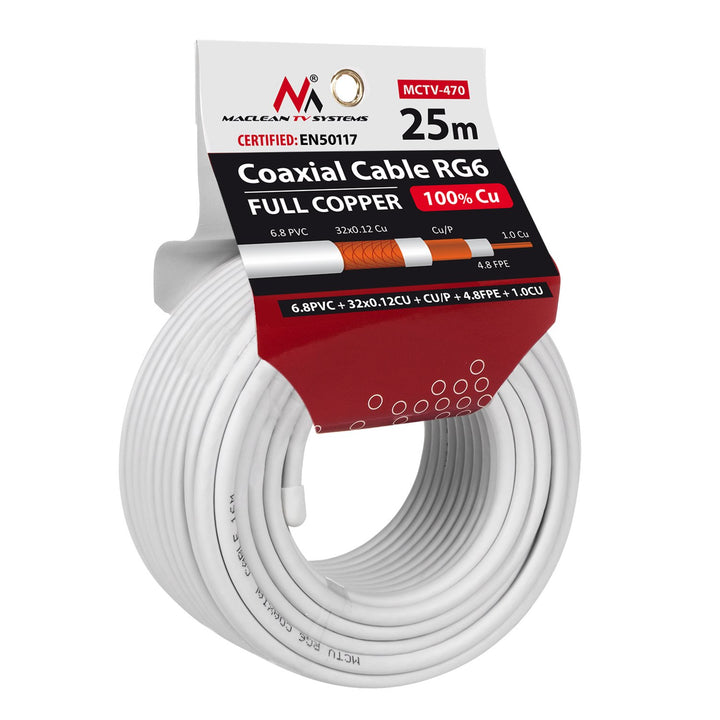 Maclean MCTV-470 RG6 Coaxial Cable 25m 1.02CU + 4.8FPE + CU / P + 32*0.12CU + 6.8PVC