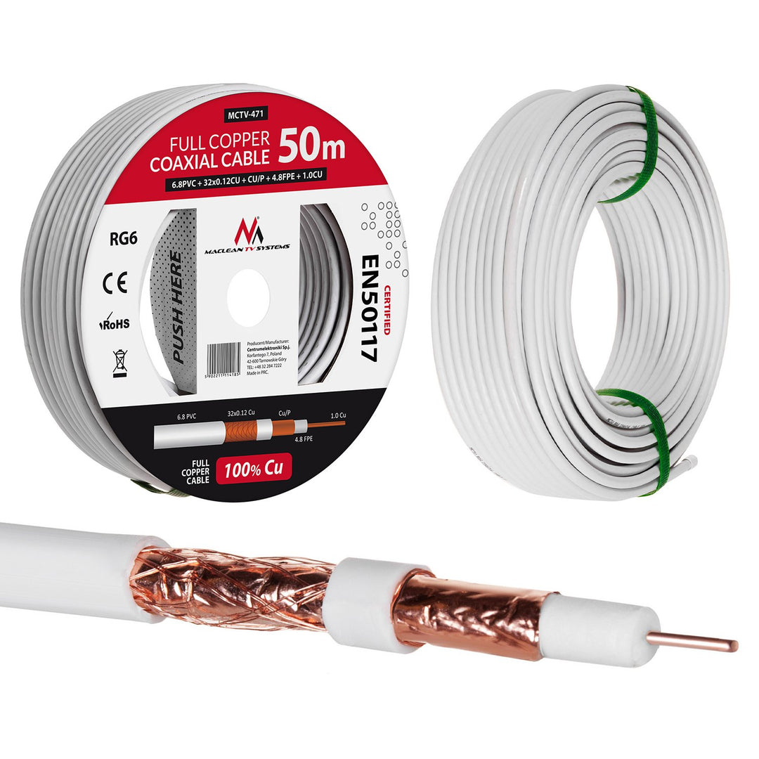 Maclean MCTV-471 Cable coaxial cable RG6 50M 1.02CU + 4.8FPE + CU / P + 32 * 0.12CU + 6.8PVC