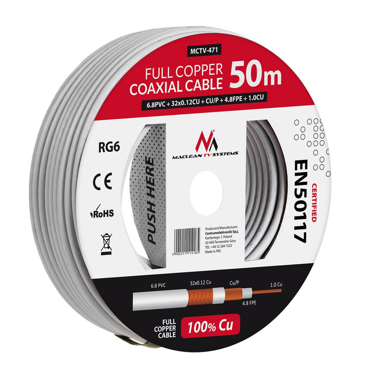 Cábla comhaiseach Maclean MCTV-471 RG6 50M 1.02CU + 4.8FPE + CU / P + 32 * 0.12CU + 6.8PVC