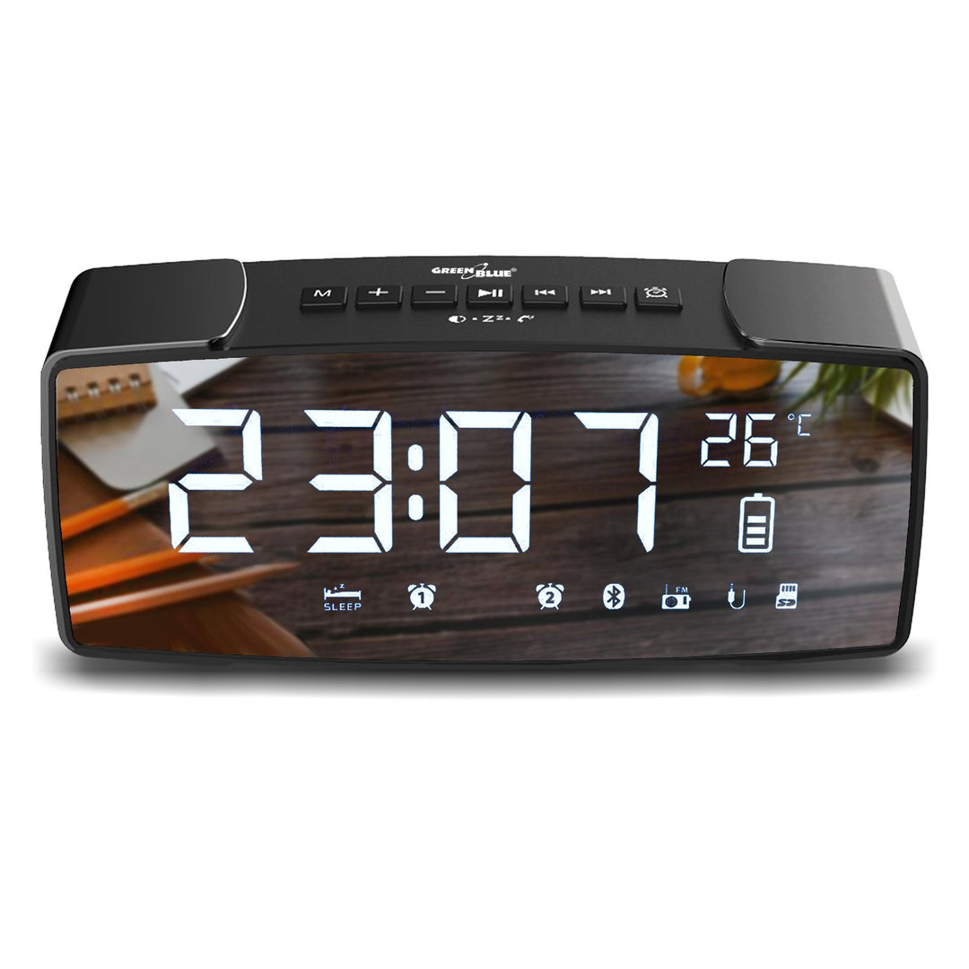 GreenBlue GB200 Bluetooth 4.2 Clock Radio, FM, Aux-in, 6W, Temperature Alarm LED Mirror Screen 2200mAh Battery