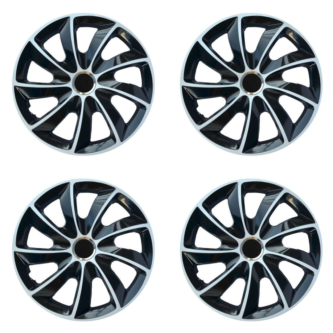 Clúdaíonn Rothaí NRM 14" Hubcaps Uilíoch 4 PCS Comhthionól Éasca le Carr Dubh &amp; Bán