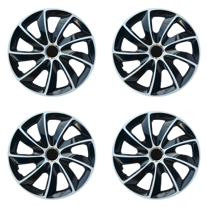 Clúdaíonn Rothaí NRM 14" Hubcaps Uilíoch 4 PCS Comhthionól Éasca le Carr Dubh &amp; Bán