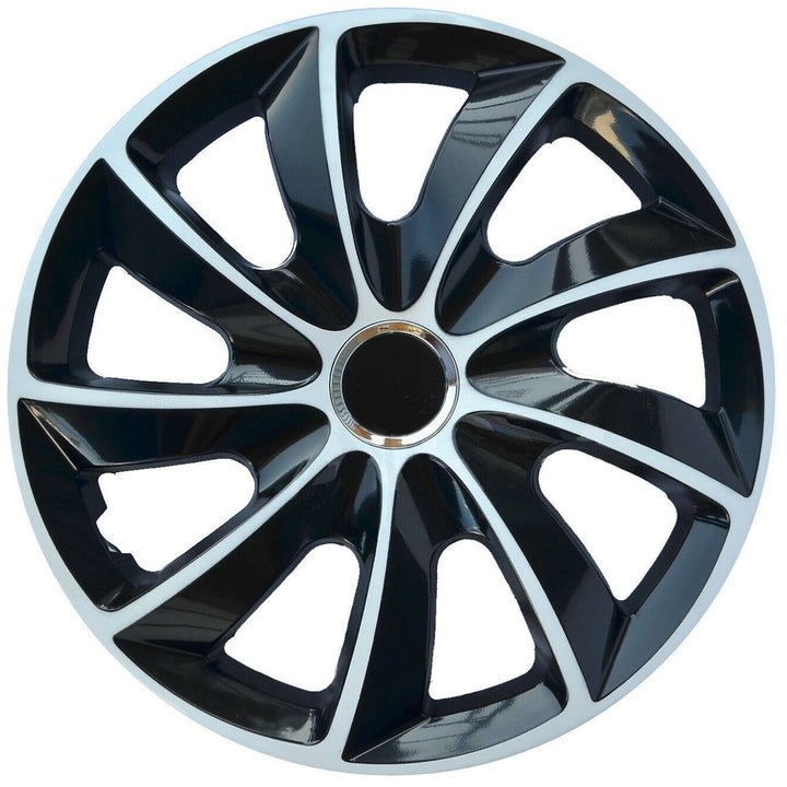 Clúdaíonn Rothaí NRM 14" Hubcaps Uilíoch 4 PCS Comhthionól Éasca le Carr Dubh &amp; Bán