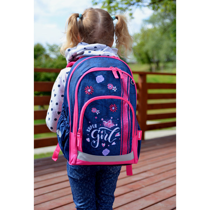 Hama school backpack, contoured back, reflectors, Jeans Girl