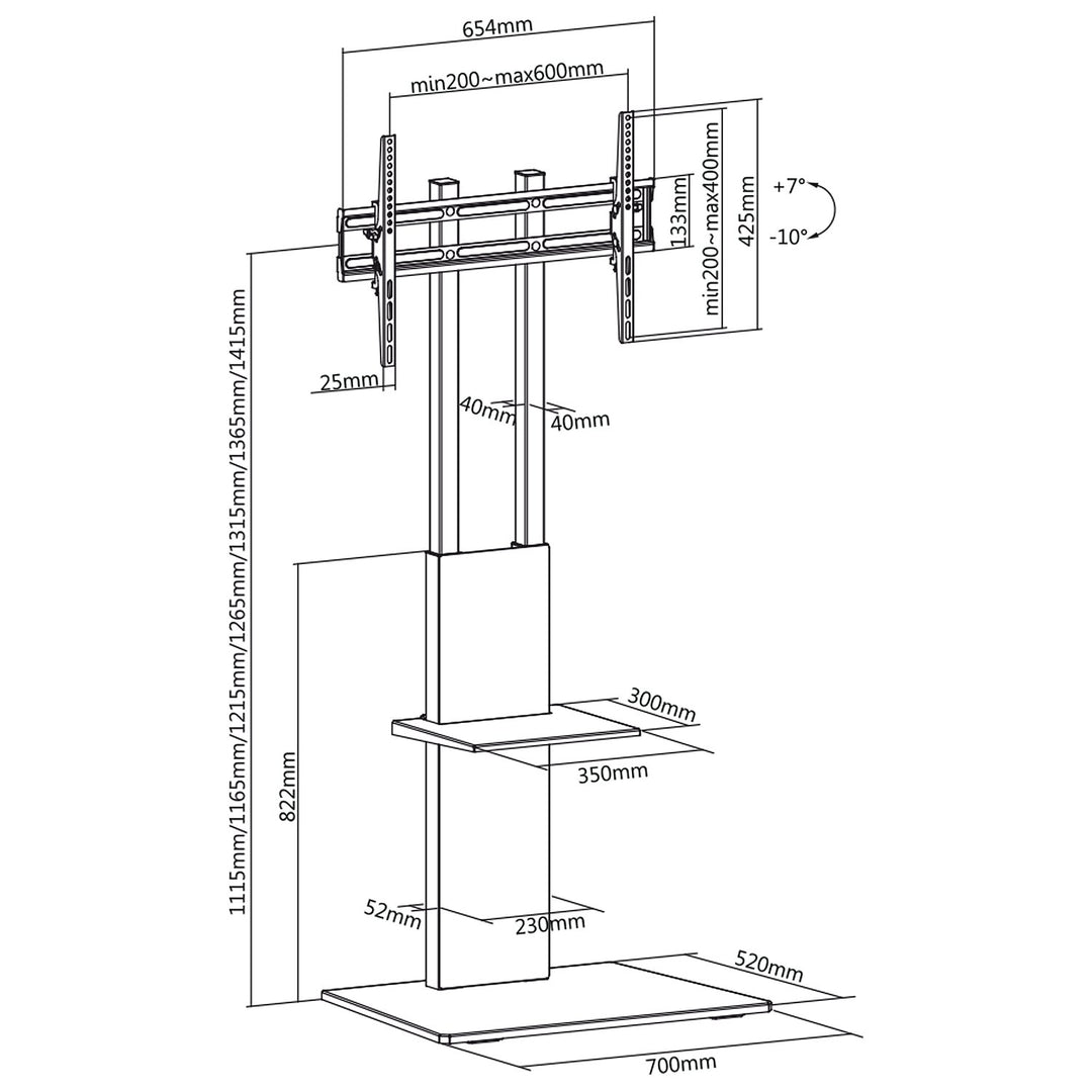 Seastán Urlár Teilifíse Nua-Aimseartha Gairmiúil Maclean MC-865 le Seilf ar feadh 37" - 70" Scáileáin, uasualach 40kg, uasmhéid VESA 600x400, airde inchoigeartaithe, Stáisiún Siamsaíochta Teilifíse