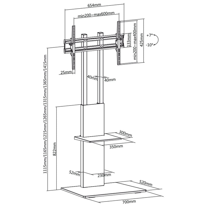 Seastán Urlár Teilifíse Nua-Aimseartha Gairmiúil Maclean MC-865 le Seilf ar feadh 37" - 70" Scáileáin, uasualach 40kg, uasmhéid VESA 600x400, airde inchoigeartaithe, Stáisiún Siamsaíochta Teilifíse