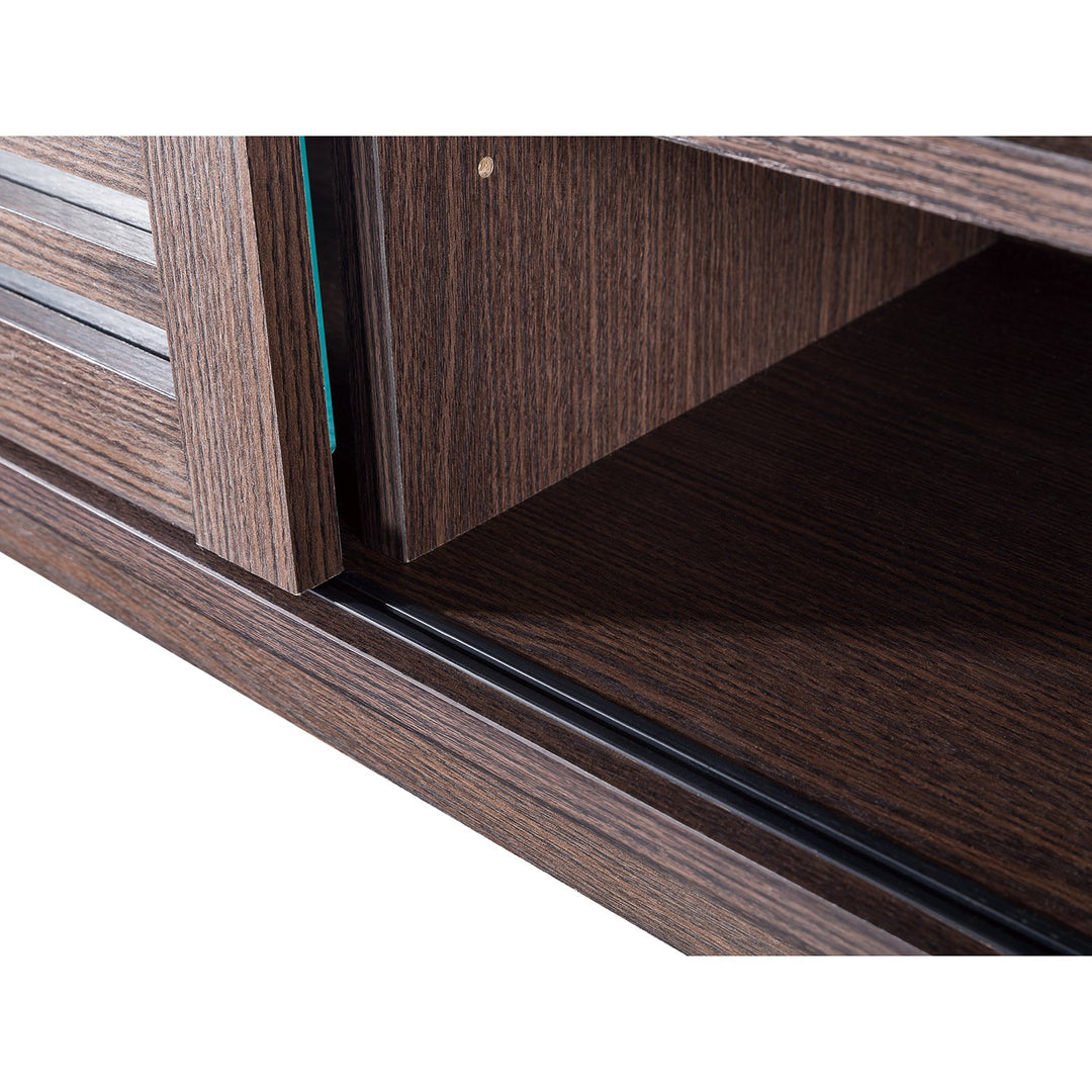 Maclean MC-874 TV Stand Table with Sliding Foors max. 65" Chipboard Tempered Glass Elegant Walnut Colour