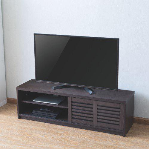 Maclean MC-874 TV Stand Table with Sliding Foors max. 65" Chipboard Tempered Glass Elegant Walnut Colour