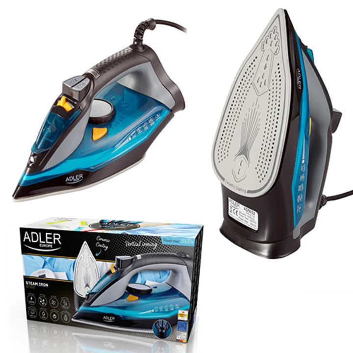 Steam Iron Ceramic Foot Dry Ironing 3000W 9in1 350ml Self-Cleaning 5 Functions