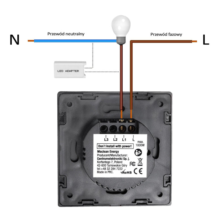 Maclean Energy MCE701B Touch light switch, single, glass, black with square button dimensions 86x86mm, with button illumination