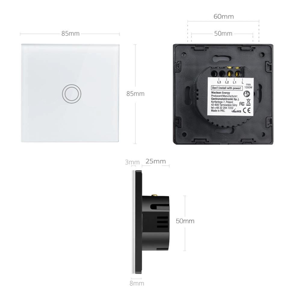 Maclean Energy MCE702W Touch light switch 1-Way 1-Gang single, glass, white with round button, dimensions 86x86mm button illumination