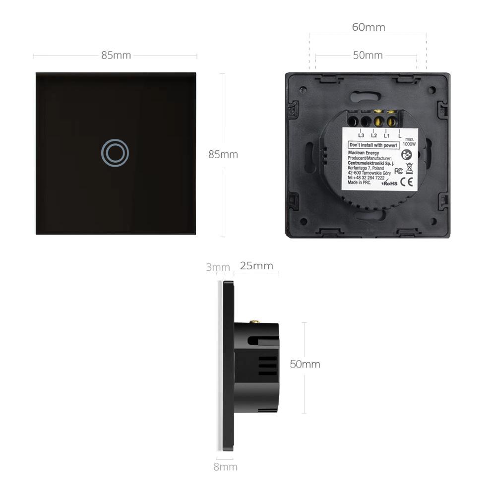 Maclean Energy MCE702B Touch light switch, single, glass, black with round button, dimensions 86x86mm, with button illumination