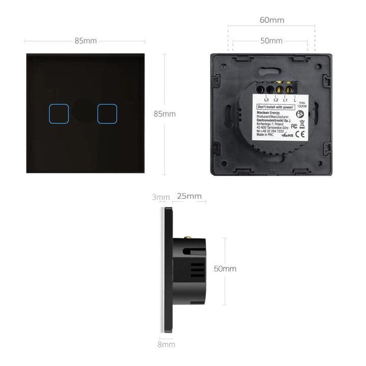 Maclean Energy MCE703B Touch light switch, double, glass, black with square button dimensions 86x86mm, with button backlight