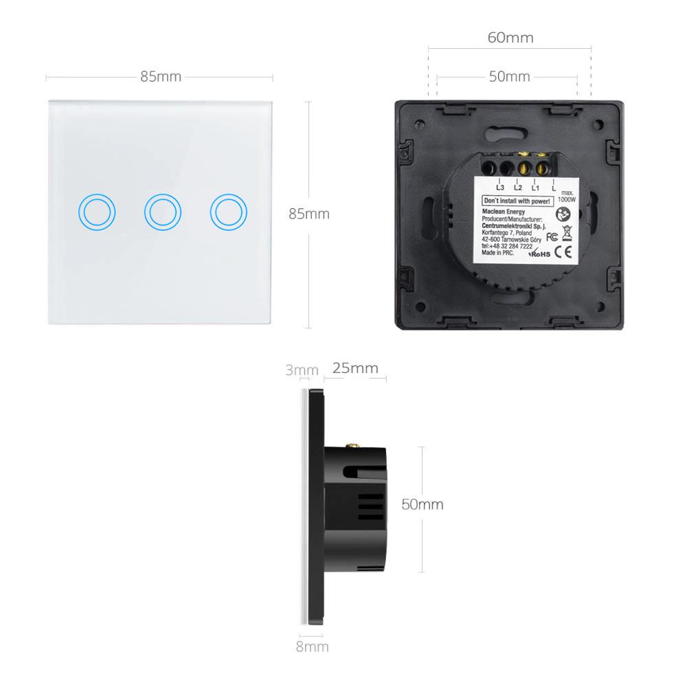 Maclean Energy MCE705W Touch light switch, triple, glass, white with round button, dimensions 86x86mm, with button illumination