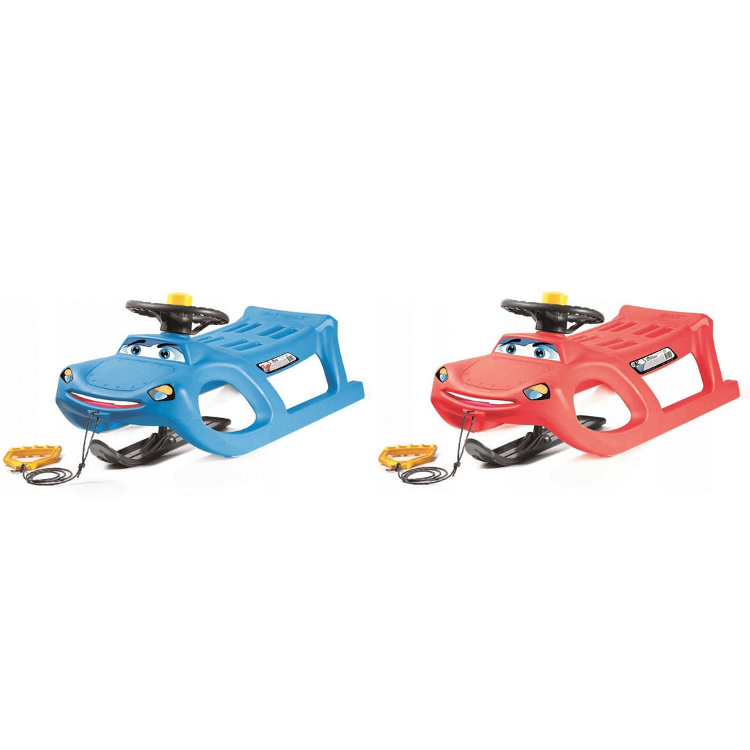 Children Sledge Sled Car Zigi-Zet Control Red or Blue Controlled Skid Steerable Skid by Steering Wheel Horn Drawstring