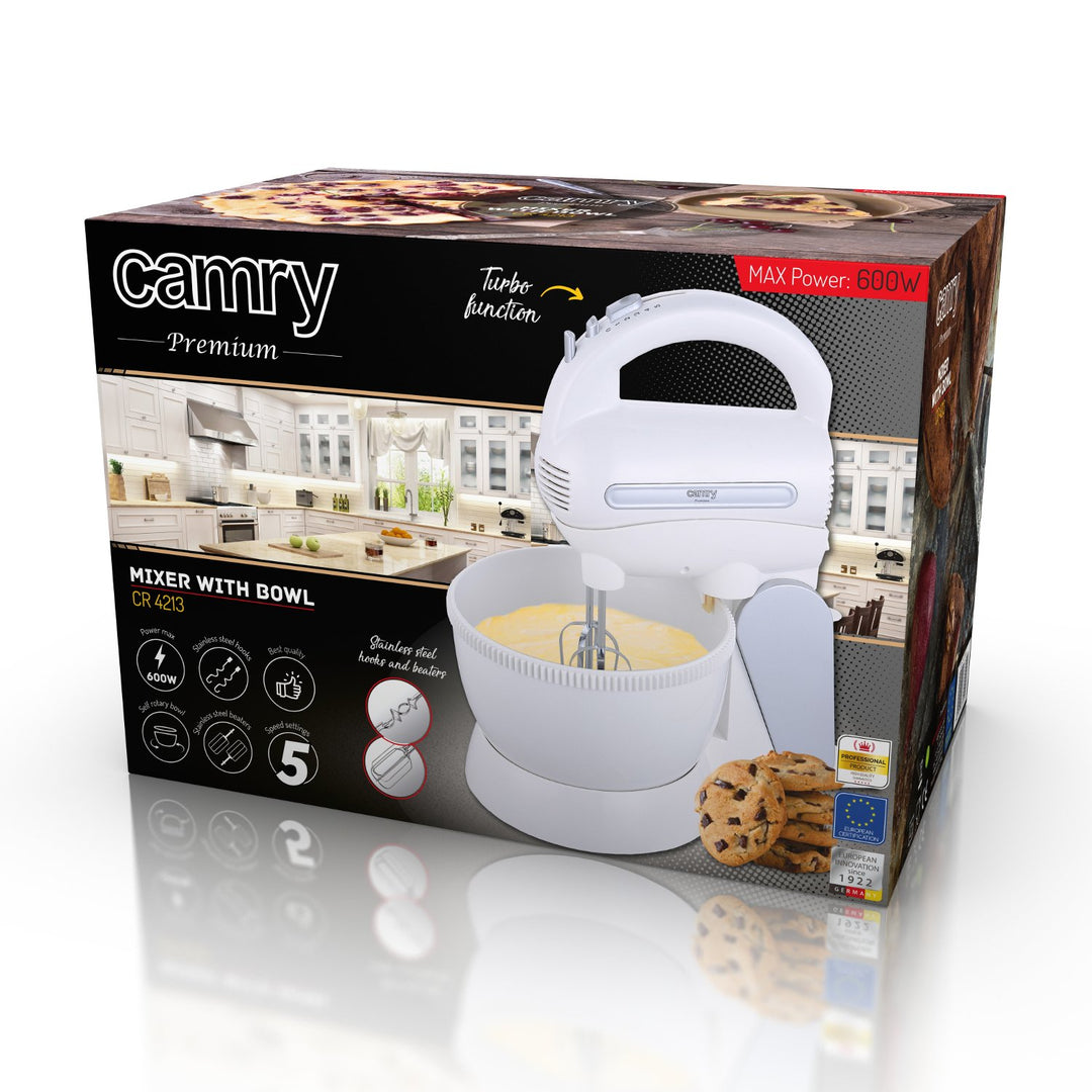 Camry CR 4213 600W mixer with a rotating bowl and a set of stainless steel mixers